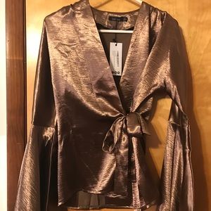 Metallic bell sleeve wrap shirt